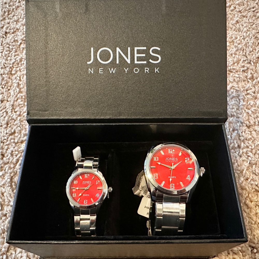NIB NWT JONES New York His & Her Matching Watches Red Dial QUARTZ movement SS